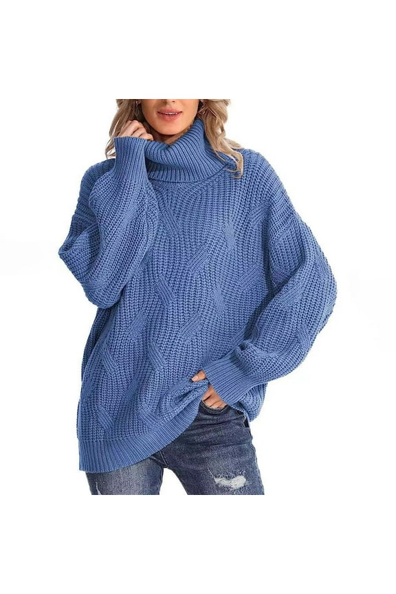 Sweaters for Women Long Sleeve Oversized Turtleneck Knit Sweaters Solid Loose Fit Casual Cable Knit Pullover Jumpers Tops Blue S