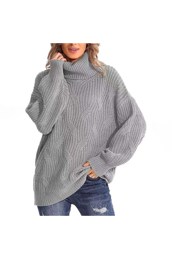 Sweaters for Women Long Sleeve Oversized Turtleneck Knit Sweaters Solid Loose Fit Casual Cable Knit Pullover Jumpers Tops Gray S