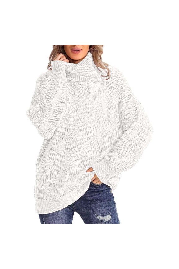 Sweaters for Women Long Sleeve Oversized Turtleneck Knit Sweaters Solid Loose Fit Casual Cable Knit Pullover Jumpers Tops White L