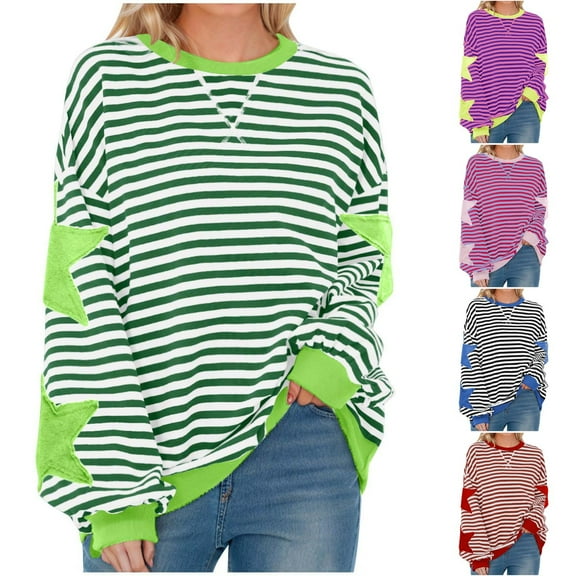 Meichang Sweatshirts for Women Crewneck Striped Oversized Sweatshirt Star Graphic Patchwork Drop Shoulder Long Sleeve Shirt Trendy Preppy Clothes Pullover Top