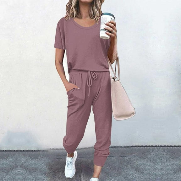 Meichang Sweatsuits for Women 2 Piece Outfits Casual Short Sleeve Tops and Jogger Pants Sets Summer Solid Color Lounge Sets with Pockets