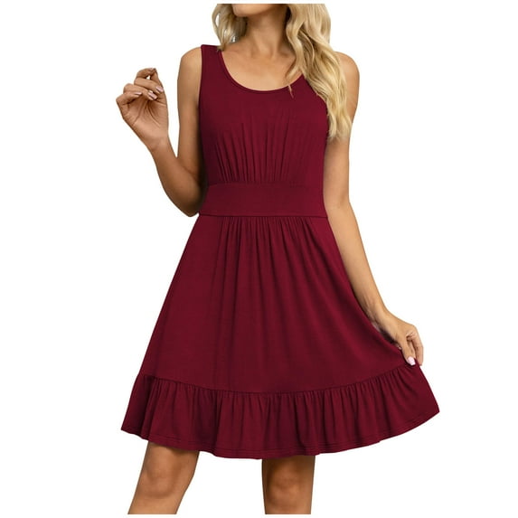 Meichang T Shirt Dresses for Women 2024 Sleeveless Scoop Neck Ruffle Tiered Mini Dresses Solid Pleated A-Line Dresses Flowy Summer Sundresses Wine XXL