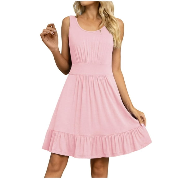 Meichang T Shirt Dresses for Women 2024 Sleeveless Scoop Neck Ruffle Tiered Mini Dresses Solid Pleated A-Line Dresses Flowy Summer Sundresses Pink M