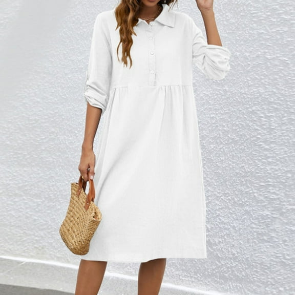 Meichang T-Shirts Dresses for Women Loose Casual Cotton Linen Shirts Dresses Solid Lapel Collar 3/4 Cuffed Sleeves Dresses Flowy Work Midi Dresses White XXL