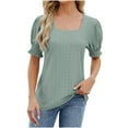 thumbnail image 1 of Meichang T Shirts for Women Eyelet Tops Puff Short Sleeve Solid Shirts Square Neck Loose Fit Casual Blouses Comfy Lightweight Work Tees Green XL, 1 of 4