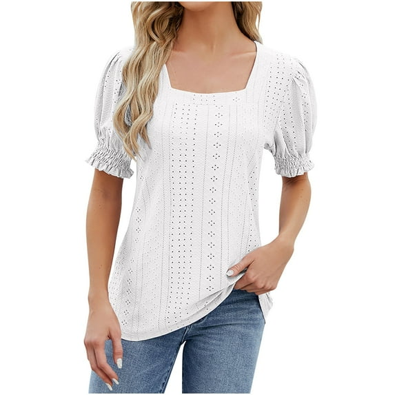 Meichang T Shirts for Women Eyelet Tops Puff Short Sleeve Solid Shirts Square Neck Loose Fit Casual Blouses Comfy Lightweight Work Tees White S