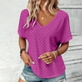 thumbnail image 1 of Meichang T Shirts for Women Loose Fit V Neck Eyelet Tops Casual Short Sleeve Blouses Solid Comfy Work Tees Summer Going Out Tops Hot Pink M, 1 of 8
