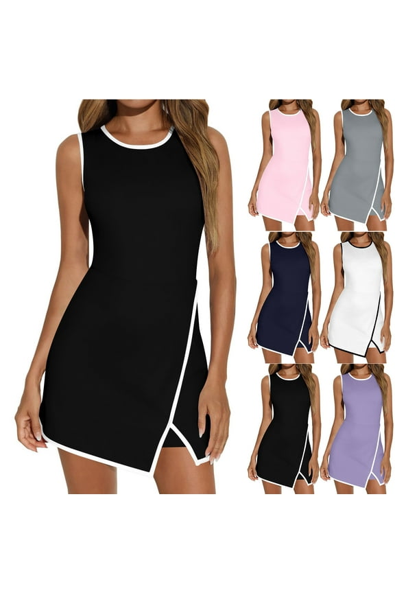 Tennis Dress for Women, Tennis Golf Dresses with Built in Shorts and Pockets for Sleeveless Workout Athletic Dresses Side Slit Hem One Piece Tennis Dresses