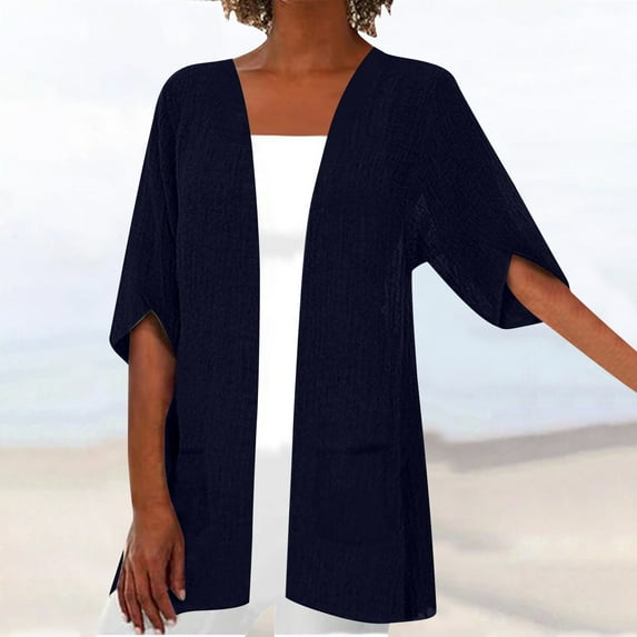 Meichang Thin Cardigans for Women Plus Size Solid Kimono Cardigans Half Sleeve Loose Beach Wear Cover Ups Summer Lightweight Open Front Cardigans Blue XXXXXL