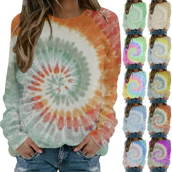 Meichang Tie Dye Sweatshirts for Women Long Sleeve Crewneck Sweatshirts Pullover Loose Fit Fall Winter Sweatshirt Trendy Clothes