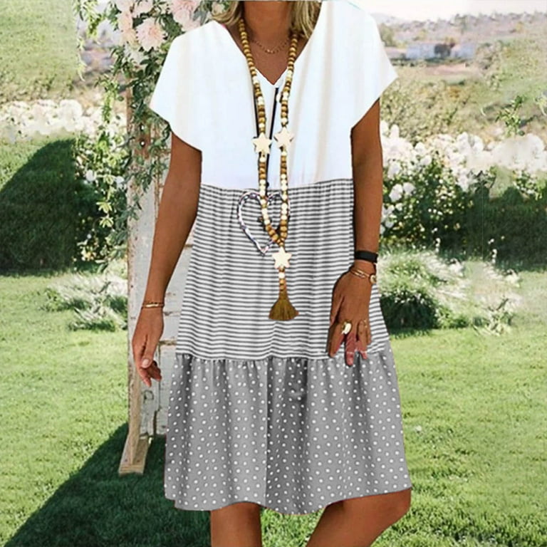 Casual Striped Patchwork V Neck Printed Dress Dresses Casual Striped Patchwork V Neck Printed Dress Dresses