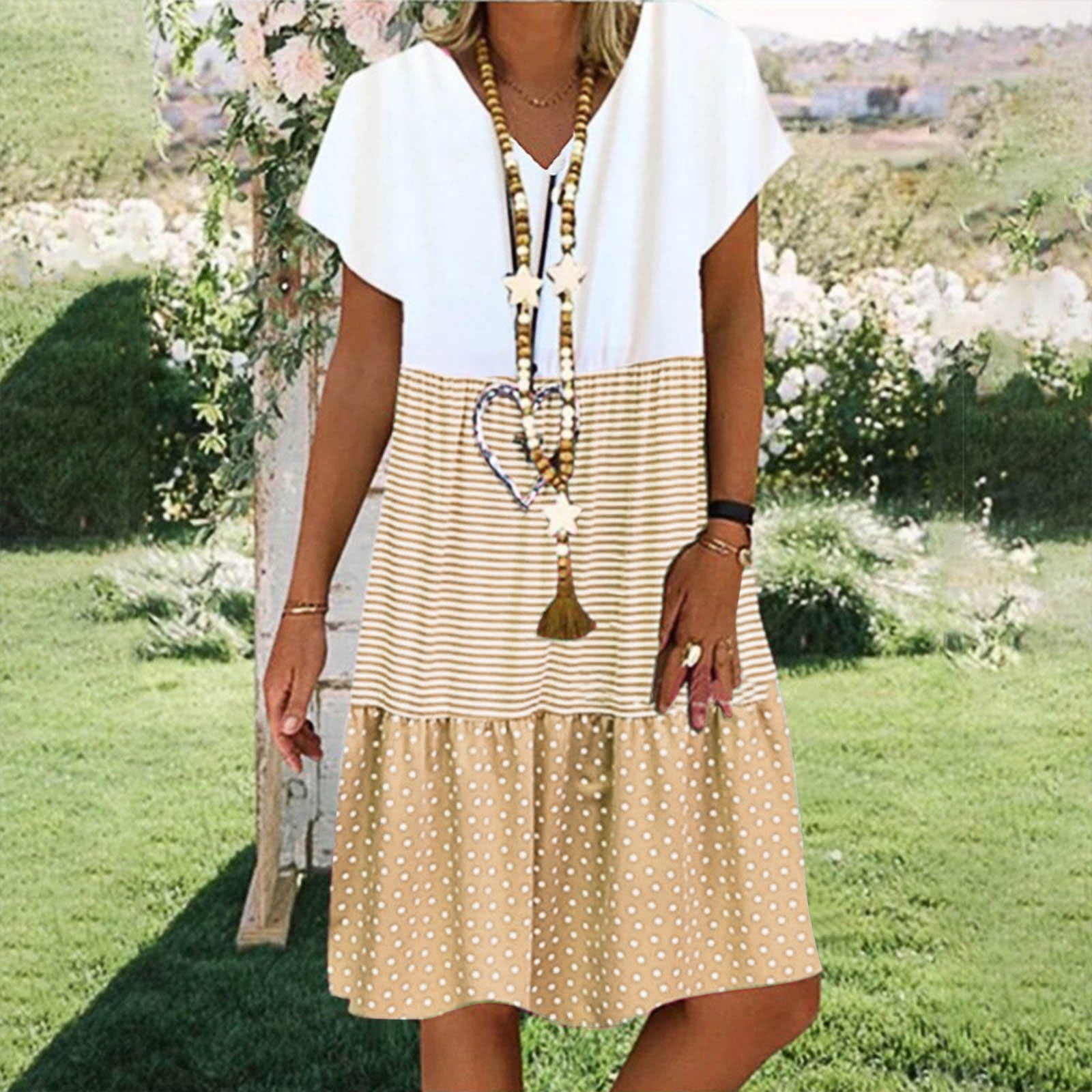 Casual Striped Patchwork V Neck Waist Skirt Dresses Casual Striped Patchwork V Neck Waist Skirt Dresses