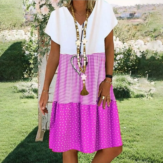 Meichang Tiered Dresses for Women with Sleeves V Neck Short Sleeve Midi Dresses Stripe Dot Patchwork Print Bohemian Dresses Flowy Casual Dresses Hot Pink L