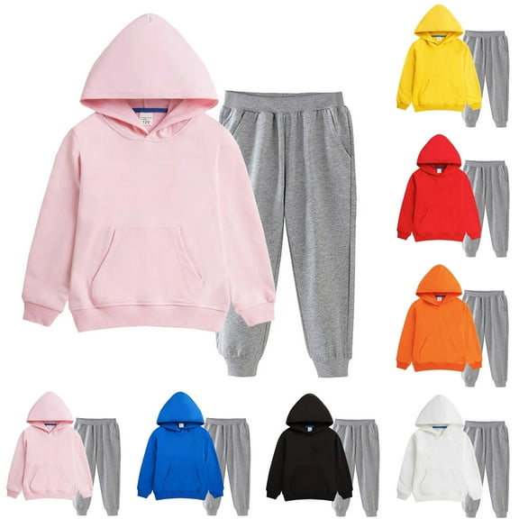 Meichang Toddler Girls Outfits Fall Casual Solid Color Long Sleeve Hoodie Sweatshirt Tracksuit Jogger Sweatpants Sweatsuit Sets for Kids Size 2-15 Years