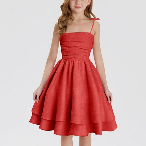 Meichang Toddler Girls Summer Dresses, Girls Spaghetti Straps Dress Kids Tie Knot Tiered Ruched Smocked Back Casual Sundress Flowy Swing Beach Midi Dresses