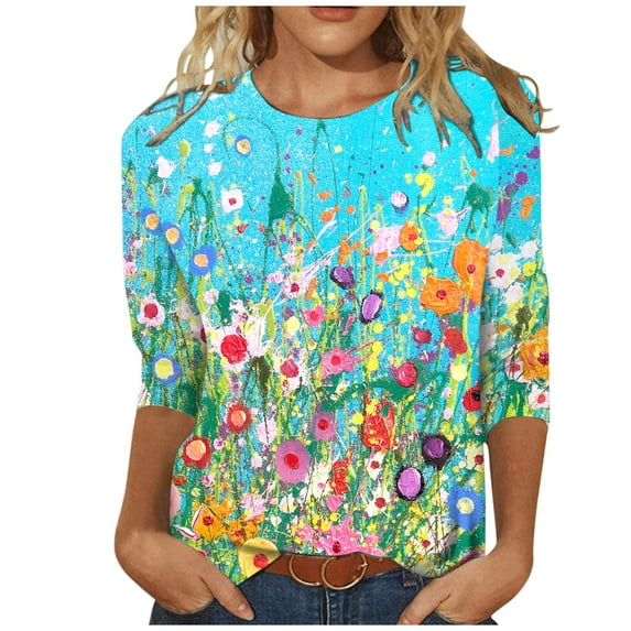 Meichang Retro Floral Print Tops for Women 2023 Trendy 3/4 Sleeve Blouses Round Neck Vacation Tunic Tee Comfy Shirts
