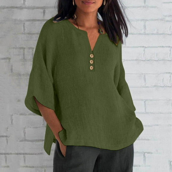 Meichang Tops for Women 3/4 Sleeve Loose Fit Button V Neck Shirts Plus Size Solid Side Slit Blouses Casual Summer Work Tshirts Shirts