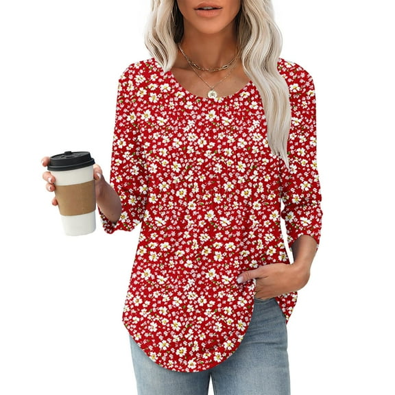 Meichang Tunic Tops for Women Boho Floral Print Pleated Front Hide Belly Shirts Loose Fit Crew Neck Casual Dressy Blouses