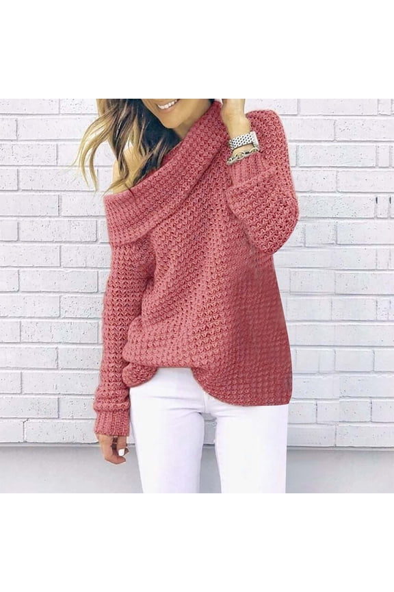 Turtle Neck Sweaters for Women Slouchy Knit Chunky Sweater Cowl Neck Long Sleeve Loose Fit Solid Pullover Sweaters Cozy Jumpers Tops Watermelon Red L