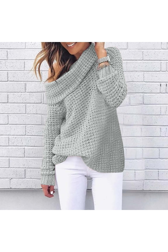 Turtle Neck Sweaters for Women Slouchy Knit Chunky Sweater Cowl Neck Long Sleeve Loose Fit Solid Pullover Sweaters Cozy Jumpers Tops Gray L