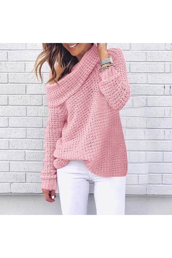 Turtle Neck Sweaters for Women Slouchy Knit Chunky Sweater Cowl Neck Long Sleeve Loose Fit Solid Pullover Sweaters Cozy Jumpers Tops Pink S