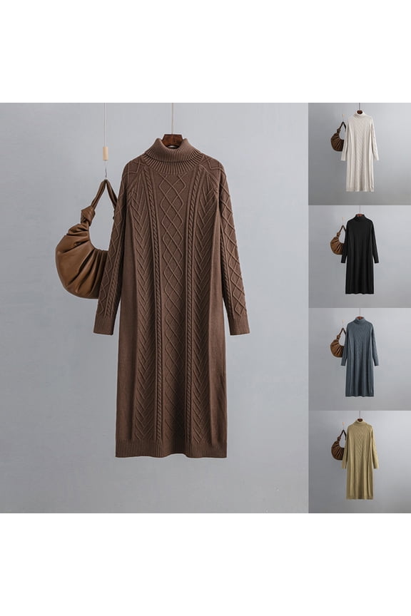 Turtleneck Cable Knit Sweater Dress for Women Chunky Long Sleeve Loose Fit Knee Length Pullover Sweater Dress Fall Winter Casual Knit Dresses