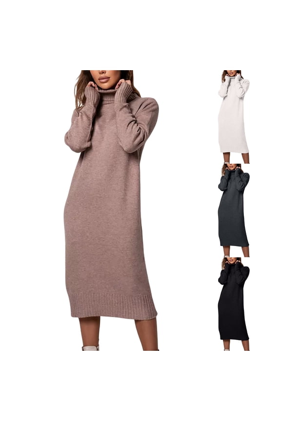 Turtleneck Sweater Dress for Women Fall Casual Long Sleeve Knit Dresses Cocktail Party Knee Length Pullover Dress