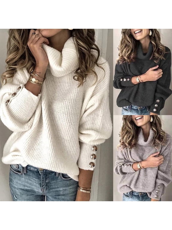 Turtleneck Sweater for Women Winter Chunky Buttons Long Sleeve Knitted Pullover Sweater Cowl Neck Loose Fit Oversized Sweater