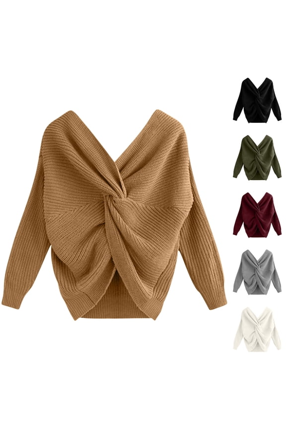 Twist Front Crop Swaeater for Women Casual V Neck Long Sleeve Knit Pullover Sweaters Twsit Knot Knit Cropped Jumper Tops