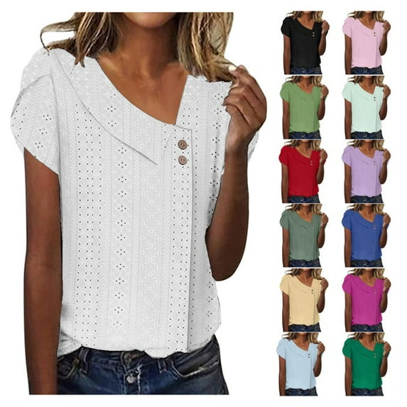 Meichang V Neck Button Up T Shirts for Women Solid Eyelet Embroidery Tops Casual Short Sleeve Loose Fit Tees Shirts Business Work Blouses White S