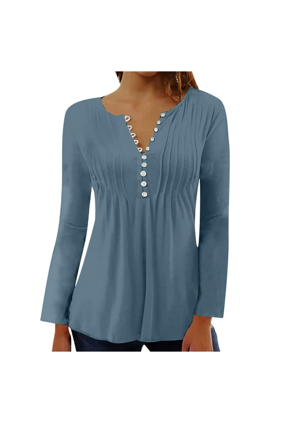 V Neck Pleated Button Tops for Women Empire Waist A-Line Blouse Comfy Autumn Long Sleeve Blouse Button Up Shirts Tunic Tops