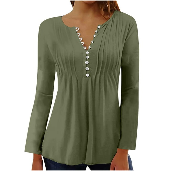 Meichang V Neck Pleated Button Tops for Women Empire Waist A-Line Blouse Comfy Autumn Long Sleeve Blouse Button Up Shirts Tunic Tops