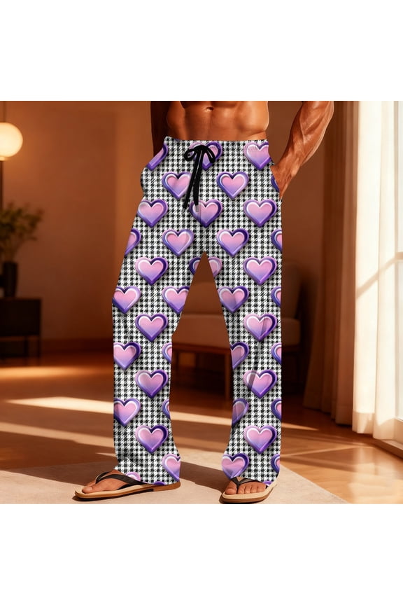 Valentine's Day Pajama Pant Men Lightweight Heart Print Sleep Lounge Pants Elastic Waist Drawstring PJ Bottoms Comfy Sleepwear Pajama Pants with Pockets