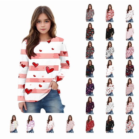 Meichang Valentine's Day T-Shirts for Girls Long Sleeve Crew Neck Shirts Heart Print Holiday Tops