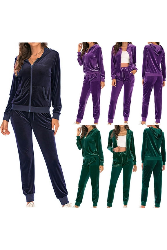 Velour Sweatsuits for Women, Women's Velvet Velour Tracksuits 2 Piece Lounge Outfits Zip Up Hooded Sweatshirt and Sweatpants Jogger Set Velour Tracksuit Womens