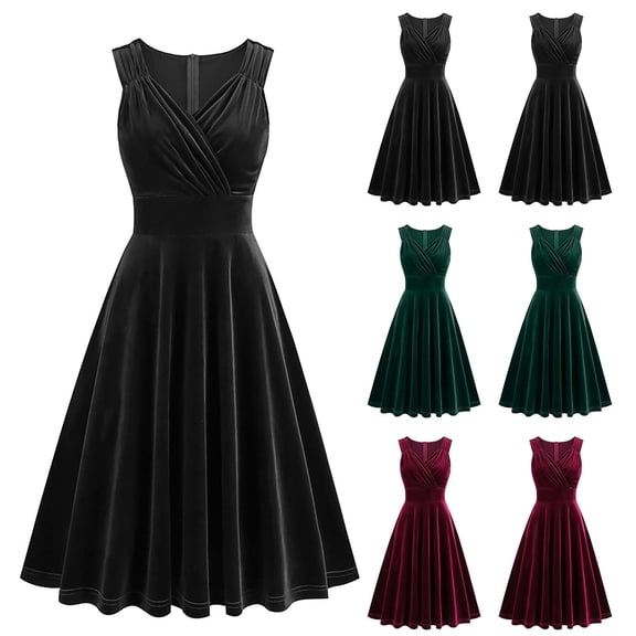 Meichang Velvet Dress for Women Sleeveless V Neck Pleated Wrap Cocktail Party Dresses Vintage A-Line Formal Wedding Guests Midi Dress