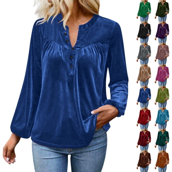Meichang Velvet Long Sleeve Tops for Women, Velvet Blouses for Women Dressy Casual Long Sleeve Notch V Neck Button Up Henley Shirts Vintage Velour Holiday Party Top