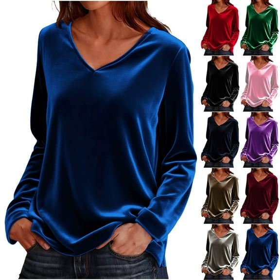 Meichang Velvet Tops for Women Long Sleeve V Neck Shirt Winter Velour Blouse Solid Loose Fit Casual Holiday Party Clothes