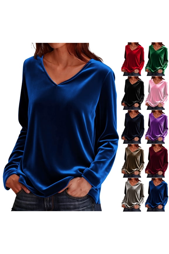 Velvet Tops for Women Long Sleeve V Neck Shirt Winter Velour Blouse Solid Loose Fit Casual Holiday Party Clothes
