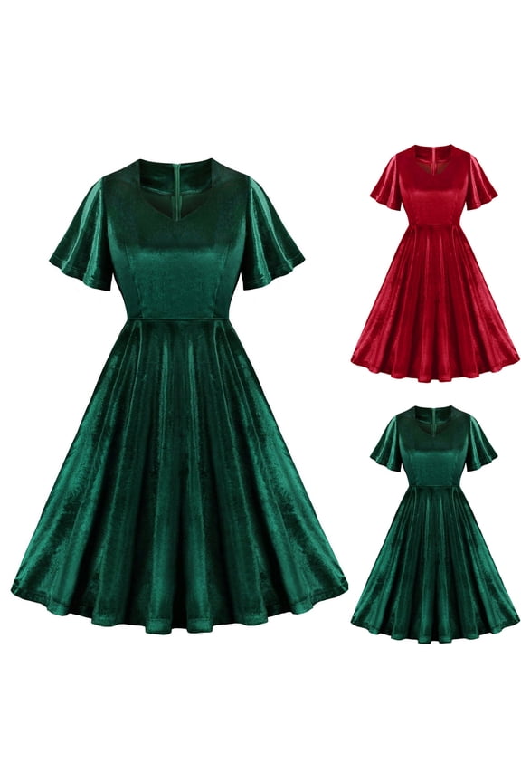 Wedding Guests Dresses for Women Vintage Short Sleeve V Neck Velvet Dress Cocktail Party A-Line Knee Length Formal Dress