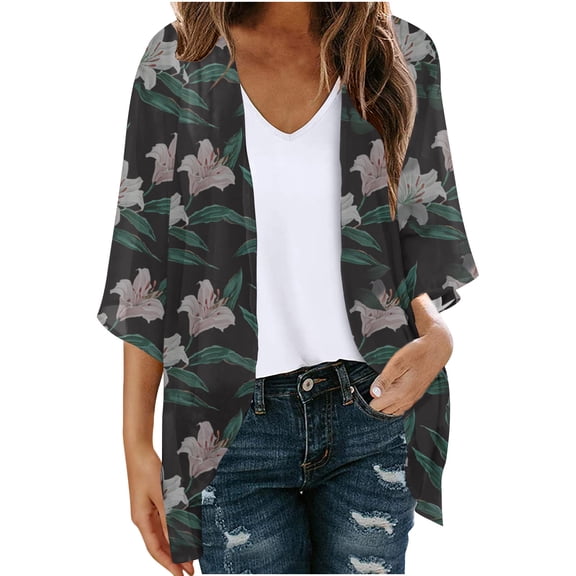 Meichang White Sweater Cardigan Floral Print Open Front Cardigan Light Weight Chiffon Cover Ups Loose Fit Hawaiian Kimonos Tops