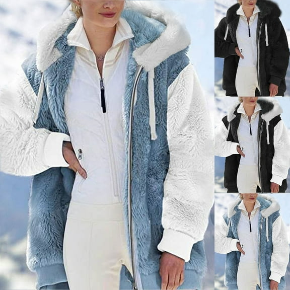 Meichang Winter Coat for Women Fuzzy Fleece Hooded Zip Up Jackets Color Block Patchwork Long Sleeve Warm Outwear Coats Thick Thermal Fluffy Jackets