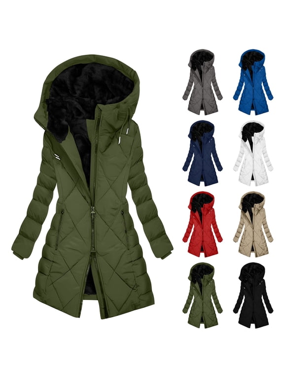 Winter Coats for Women with Hood Sherpa Fleece Lined Puffer Jackets Warm Thickened Windproof Petite Women Outerwear Full Zip Padded Jacket with Pockets