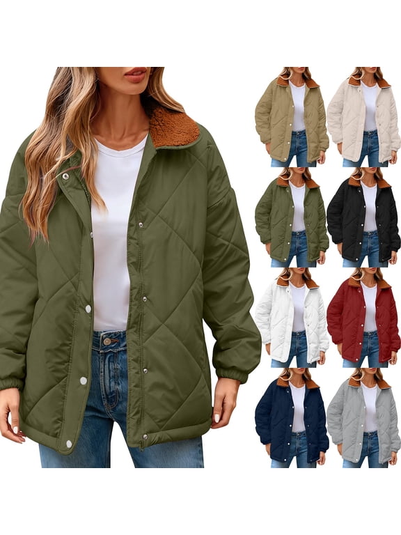 Winter Coats for Women Lightweight Quilted Jacket Long Sleeve Sherpa Lined Collar Button Down Outerwear Casual Thermal Warm Jackets with Pockets