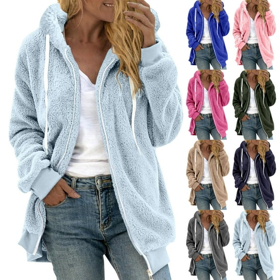 Meichang Winter Coats for Women Plus Size Fuzzy Fleece Jacket Hooded Drawstring Long Sleeve Zip Up Coats Outerwear Warm Jackets