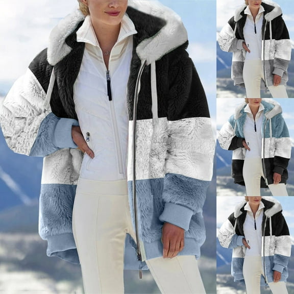 Meichang Winter Coats for Women Plus Size Fuzzy Fleece Jacket Hooded Zip Up Color Block Patchwork Cardigan Coat Outerwear Fluffy Jackets