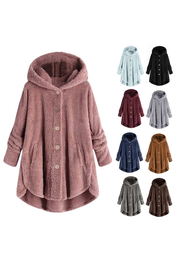 Meichang Winter Jacket for Women Plus Size Fuzzy Fleece Jackets Hooded Long Sleeve Button Up Coat Casual Loose Soft Sherpa Hoodie Jackets Plush Outerwear with Pockets