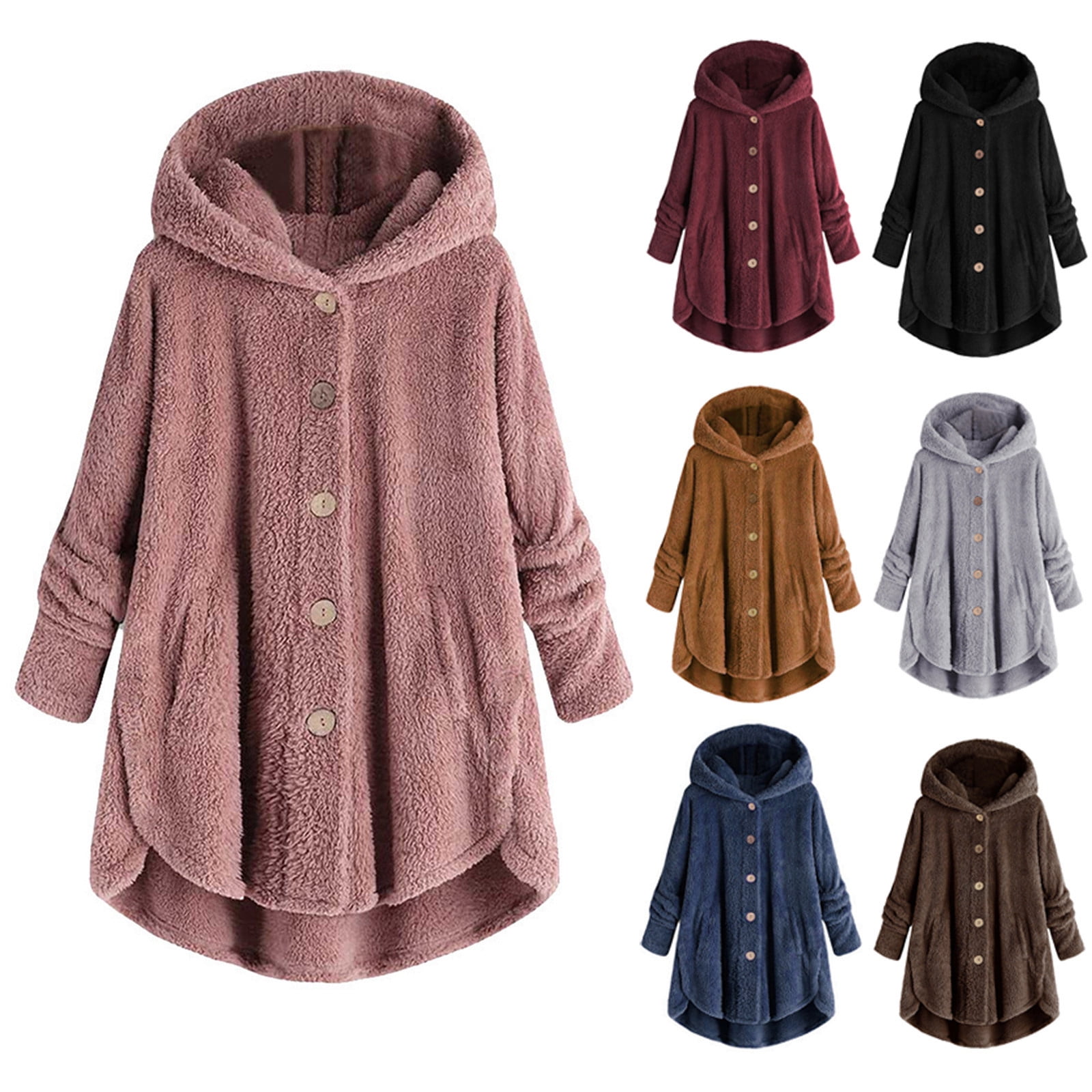 Meichang Winter Jacket for Women Plus Size Fuzzy Fleece Jackets Hooded Long Sleeve Button Up Coat Casual Loose Soft Sherpa Hoodie Jackets Plush Outerwear with Pockets