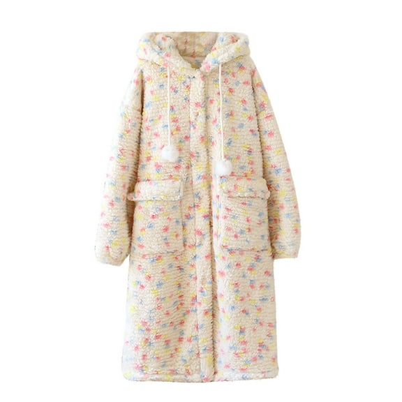 Meichang Winter Robe for Women Plush Fleece Long Sleeve Button Down Hooded Bathrobe Soft Fuzzy Fluffy Knee Length Loungewear Thick Warm House Robes