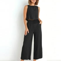 Meichang Women 2 Piece Outfits Summer Casual Sleeveless Tops and Smocked Waisted Wide Leg Pants Lounge Matching Sets Solid Outfits with Pockets